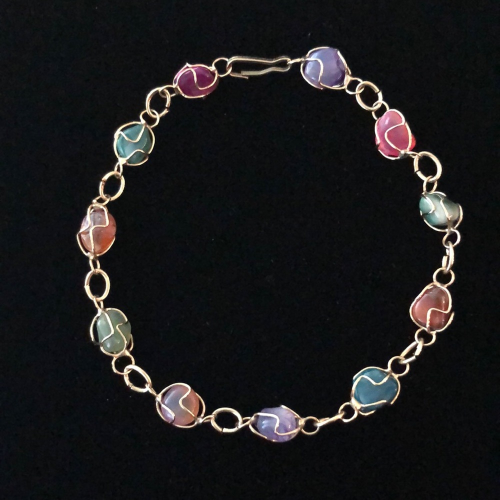 Genuine Gemstone Gold-tone Wire-Wrapped Multi-Color Bracelet